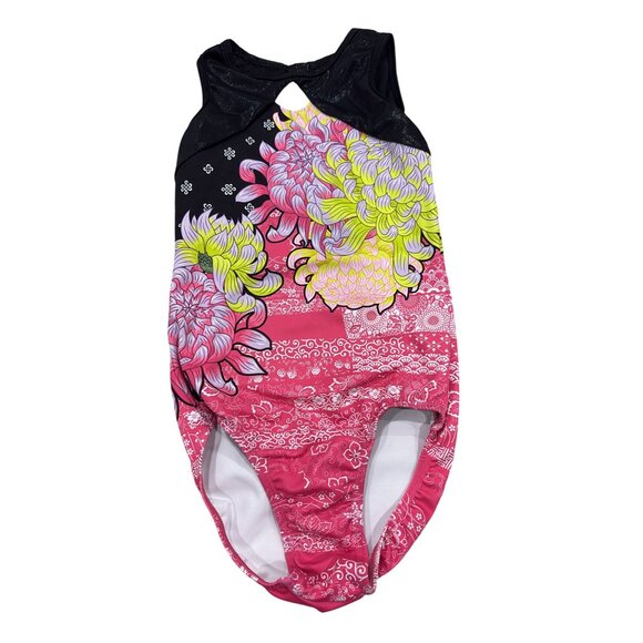 Sylvia P Childs Gymnastics Leotard Size 10 Floral Print Pink & Black - Picture 1 of 4